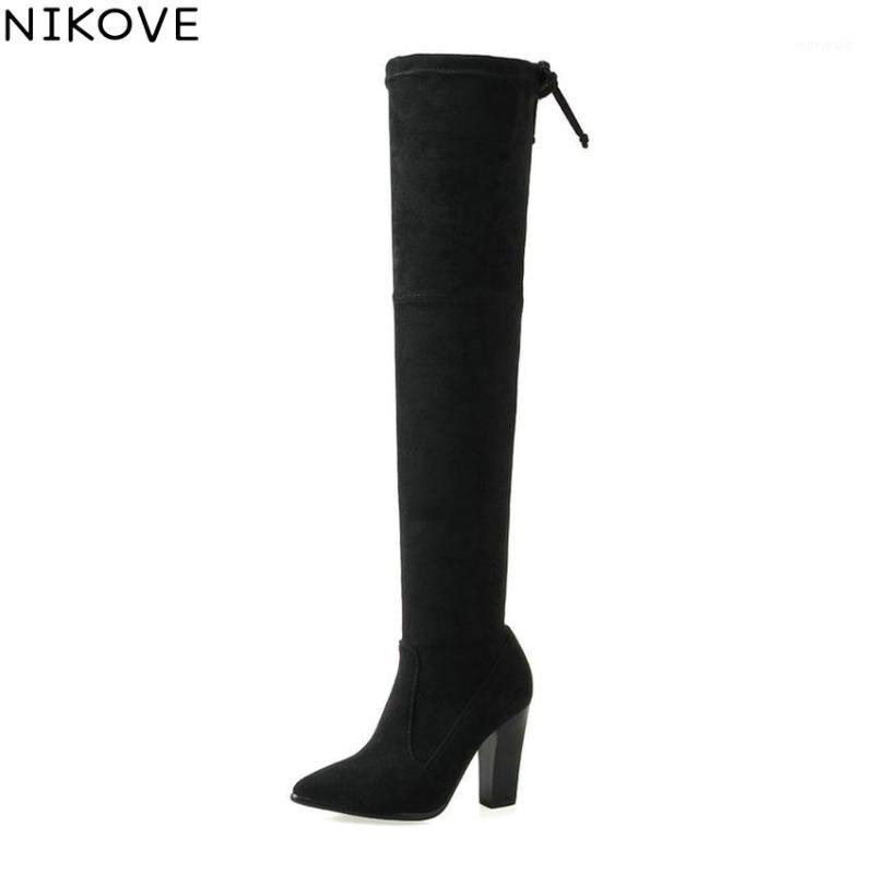 

NIKOVE 2020 Over The Knee Boots Zip Pointed Toe Women Boots Stretch Fabric +Real Leather Skintight Sexy Lady Size 34-391, Black