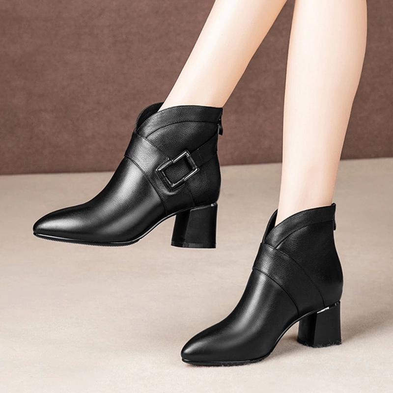 

High Heels Women Ankle Boots Buckle Black Boot Office Work Shoes Woman Botas Mujer Pointed Toe Chunky Heeled Gladiator Boot 7836 #Wn8x, Beige