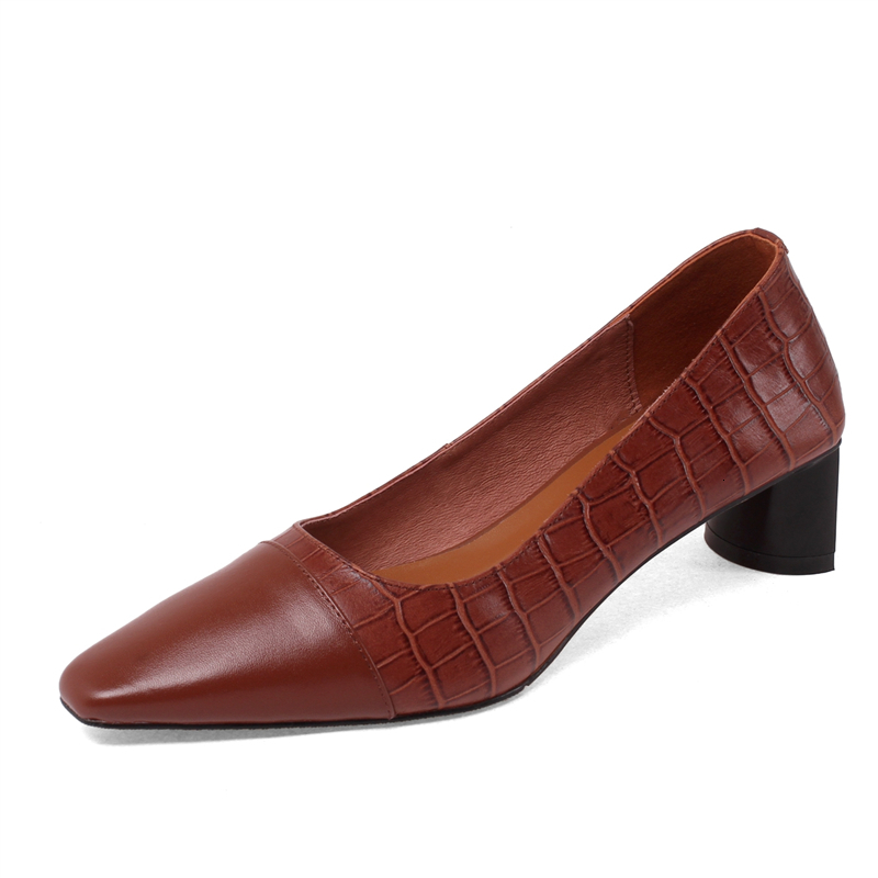 

New Fashions 2021 Mid-heel Women's Mixed Spring Genuine Shoes 1 AK8A, Brown.