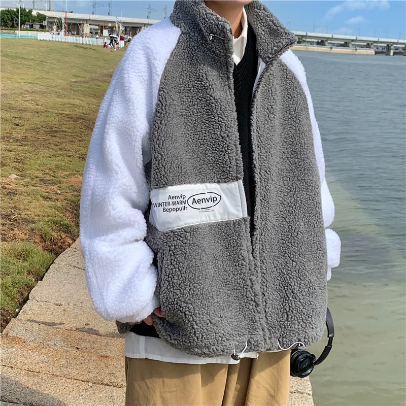 

2021 Winter Men's Jacket Lamb Wool Stand Collar Zipper Letter Decor Matching Color Thicken Warm Soft Comfortable Male Coat, Black