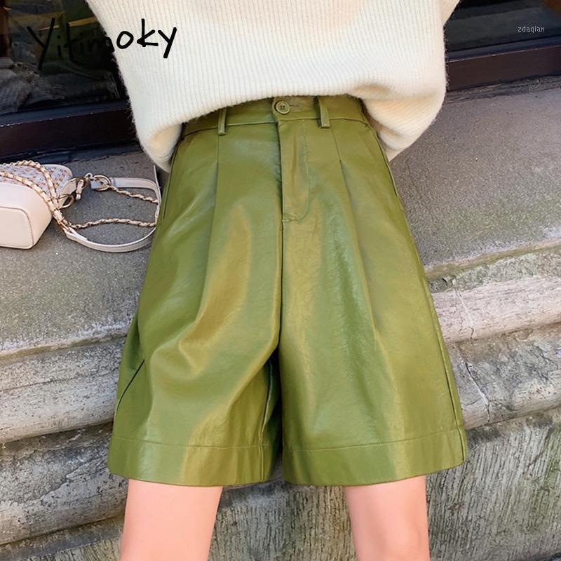 

yitimoky Leather shorts woman button high waist shorts 2020 pu plus size autumn and winter women high waist Street green1, Black