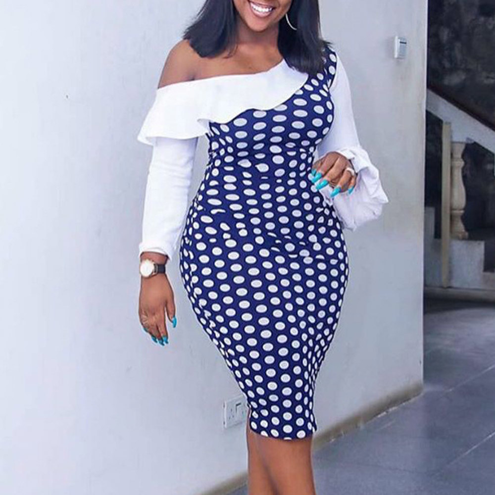 

2021 Minimalis Polka Dot Autumn Simple Stylish Stylist Designer Best Strapless Plus Dress Size Weww, Blue