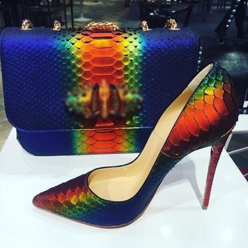 

Sexy Iridescent Snake Leather High Heel Pumps Python Printed Mixed Patchwork Dress Shoes Stiletto Heels Banquet Party Shoes LJ201112, As picture