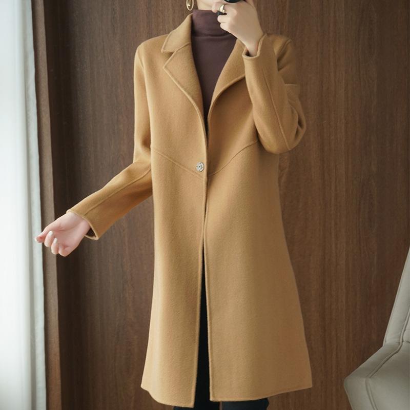 

double faced tweed coat wool warm suit collar cardigan slim casual long sleeve mid long autumn and winter women's wear, Black