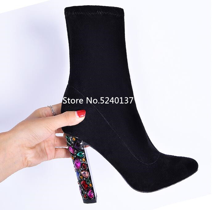 

Colorful Crystals Chunky Heel Women Mid-calf Boots Black Suede Elastic Slim Slip-on Short European Boots Femme, As pic