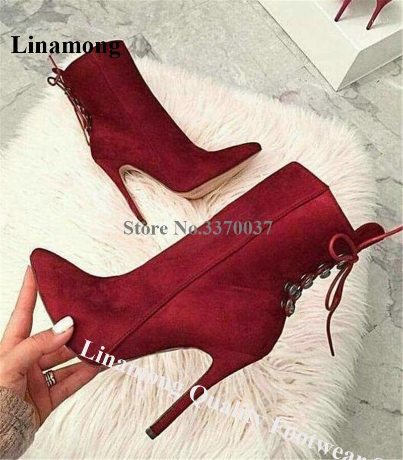 

Linamong New Fashion Pointed Toe Wine Red Suede Leather Stiletto Heel Short Boots Burgundy Back Lace-up High Heel Ankle Booties1, Customize colors