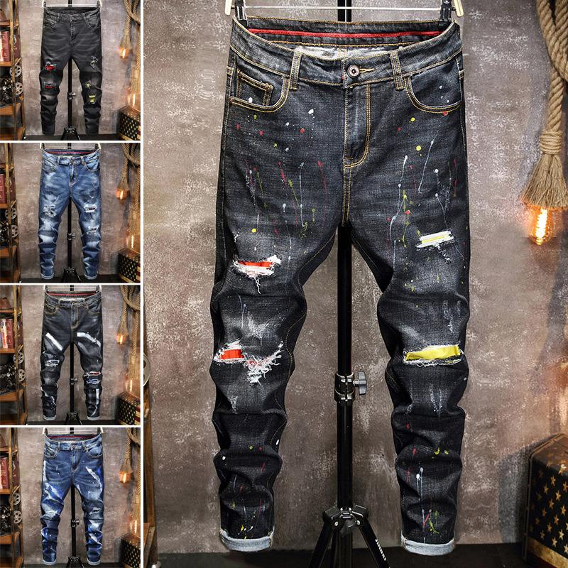 

Dropshipping Biker Jeans Men's Distressed Stretch Ripped Biker Jeans Men Hip Hop Slim Fit Holes Punk Denim Cotton Pants, T712