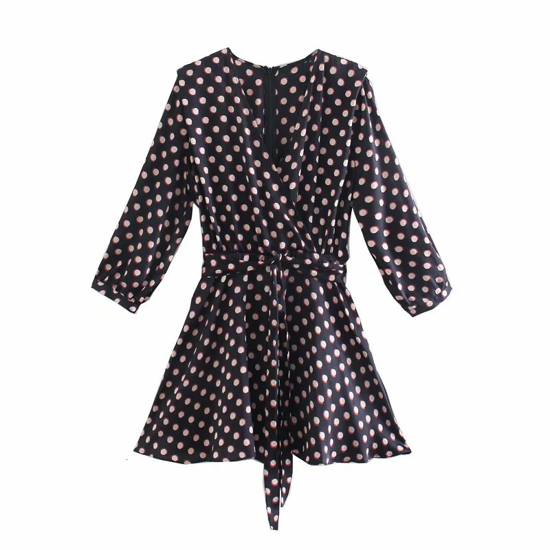 

New Black Pokla Dot Short Women 2021 Summer Fashion Belt Long Sleeve Playsuit Female Vintage Elegant Jumpsuit Cde3