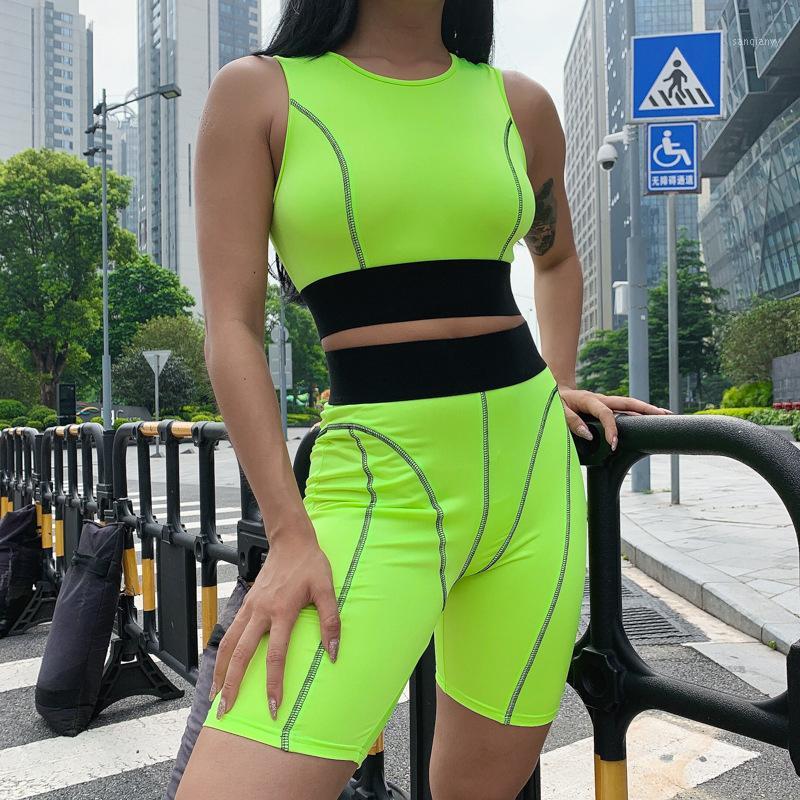 

New Sexy Summer Fluorescence Green Sets Women Top Vest+ Shorts Pants For Sportswear Woman Casual Gym Clothing Yoga Set Tracksuit1