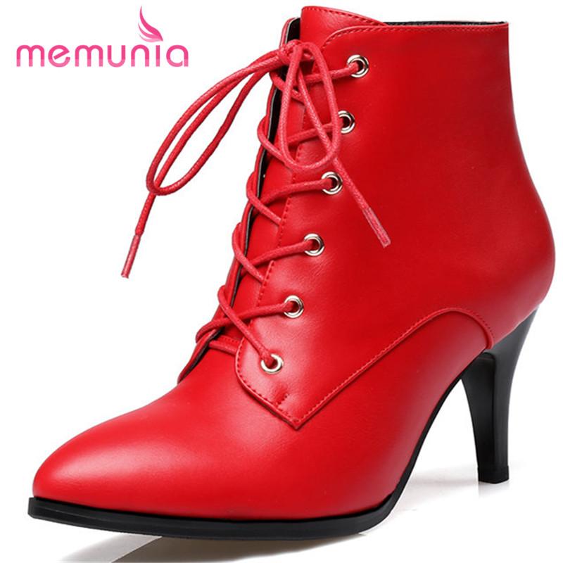 

MEMUNIA 2020 hot sale ankle boots elegant cross tied fashion boots stiletto heels pointed toe winter big size 32-43, Black