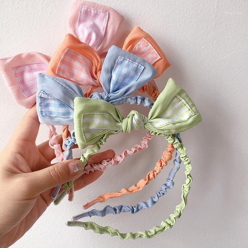 

2020 New Korea Style Simple Orange Girl Headbands Cute Color Lattice Stripe Bow Hairbands for Children Fashion Hair Accessories1