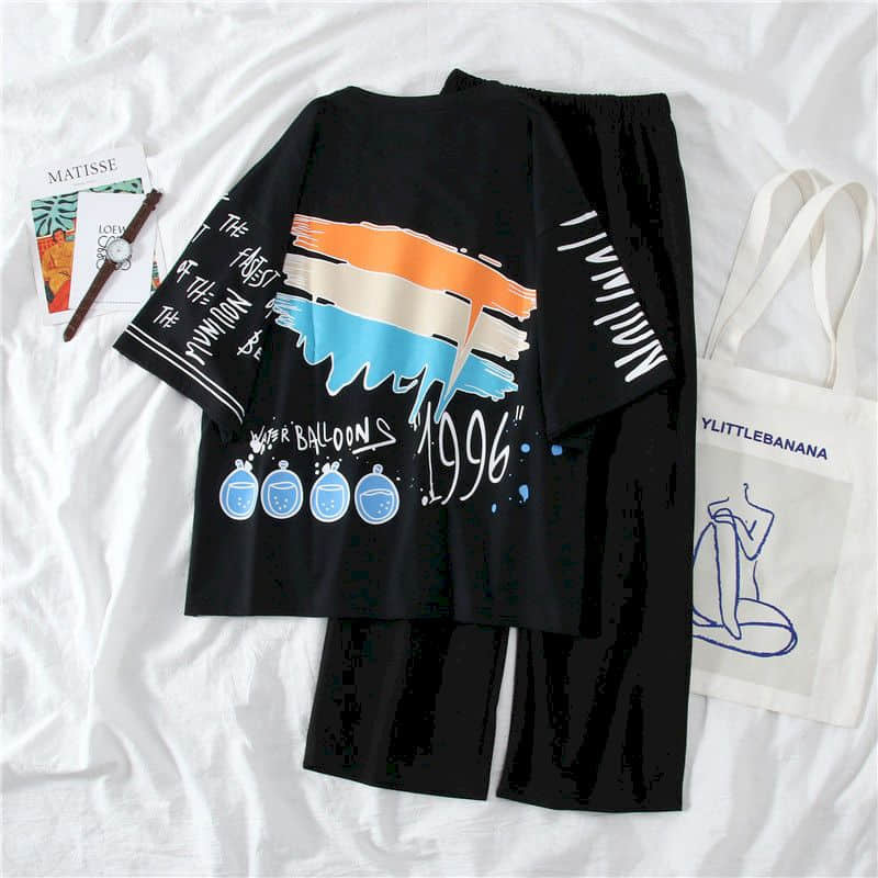 

2021 Harajuku Sets Clothes Women Ins Two-piece Summer New Suit Student Korean Loose Half-sleeved T-shirt Wide-leg Pants Trend 4dfg, Black set