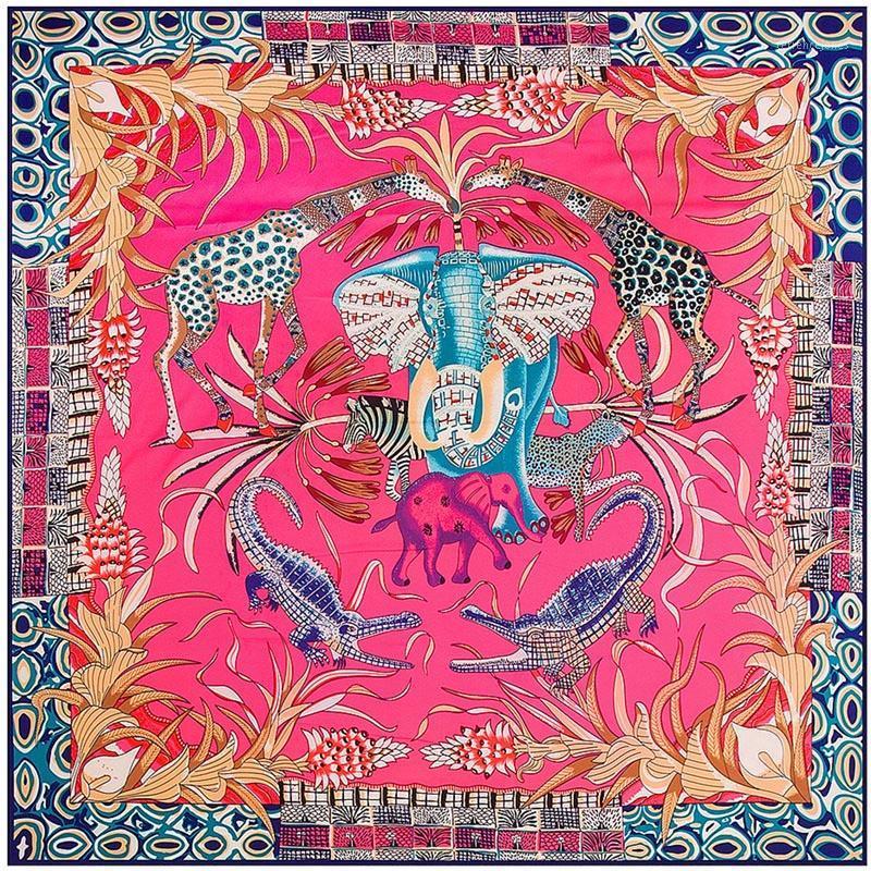 

Scarves 130*130cm Women Twill 100% Silk Square Scarf Giraffe Elephant Print Designer Luxury High Quality Lady Shawl Hijab1