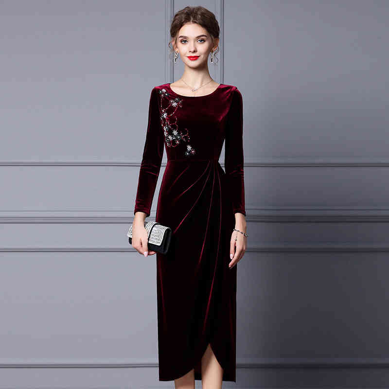 

Casual Dresses Zhili golden velvet dress is thin, high-end Nail Drill autumn and winter formal occasion long Hip Wrap Skirt 7K3A, Wine