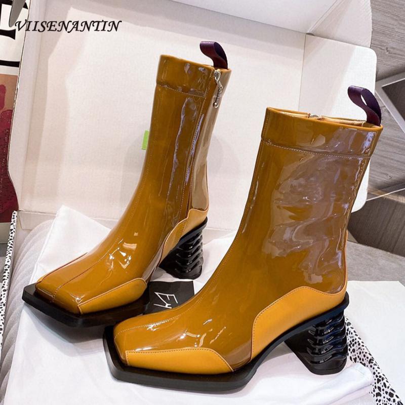 

2021 Hot Patent Leather Retro Square Toe Personality Woman Boots Handsome Fashion Brown Autumn Winter Side Zipper Boots, Yellow