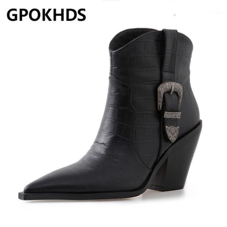 

GPOKHDS 2021 women ankle boots soft Cow leather winter short plush slip on pointed toe high heels female Western boots1, Black
