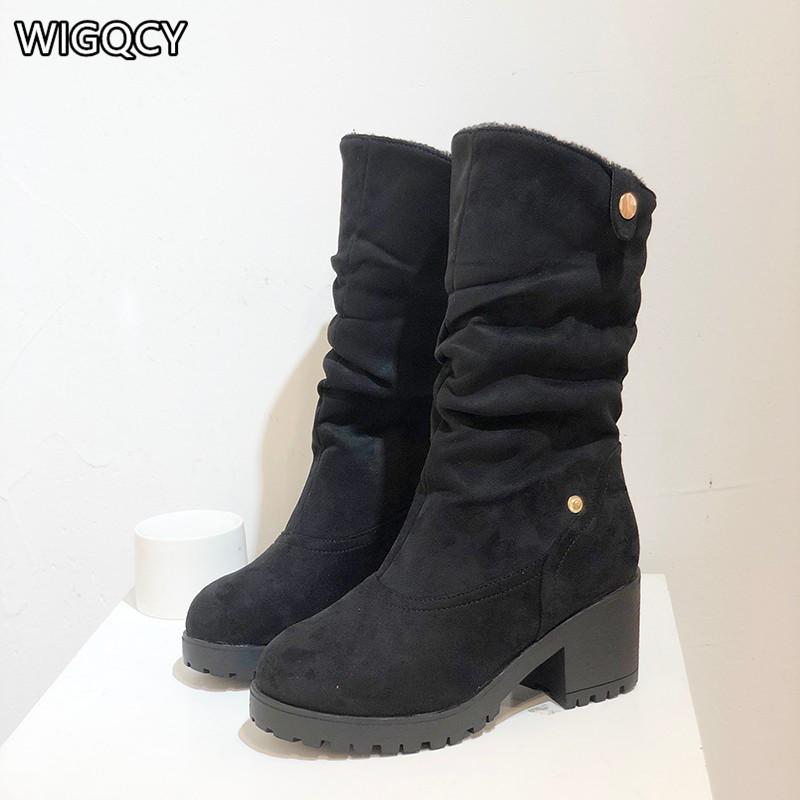 

2020 autumn and winter new women's nubuck leather mid-tube boots snow boots women shoes round toe wedges, Black