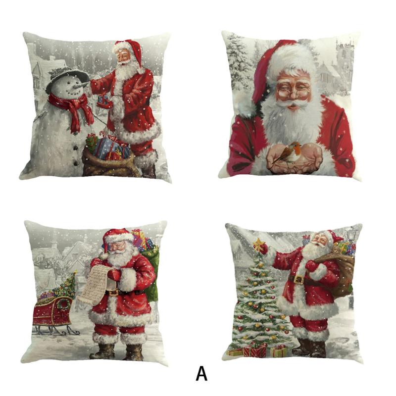 

4PC Christmas Cushion Cover Santa Claus Printed Pillow Case Linen Cotton Sofa Home Decorative Pillow Cover, As pic