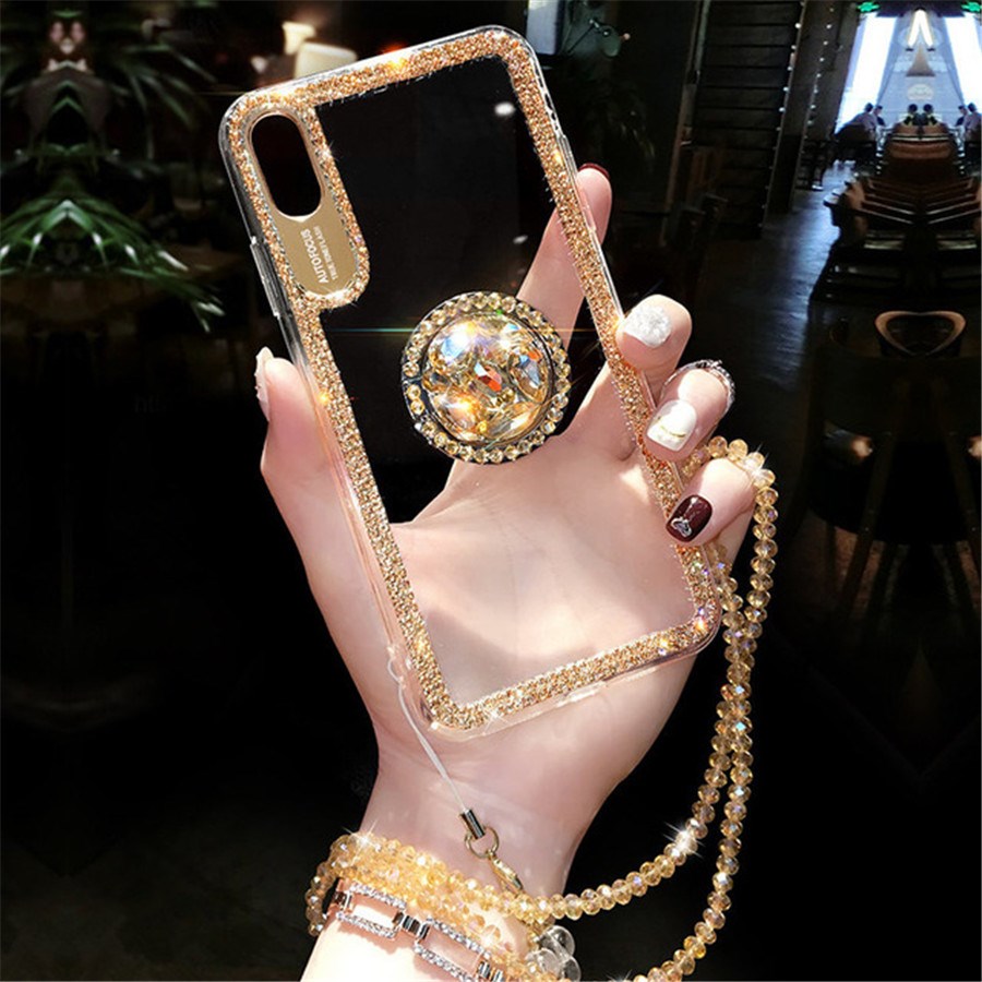

Luxury Bling Glitter iphone 12 pro max phone cases iPhone 11 Pro Max X XR XS Max 8 7 Plus 6 6S Plus Case Cover With Diamond Ring Lanyard, Black