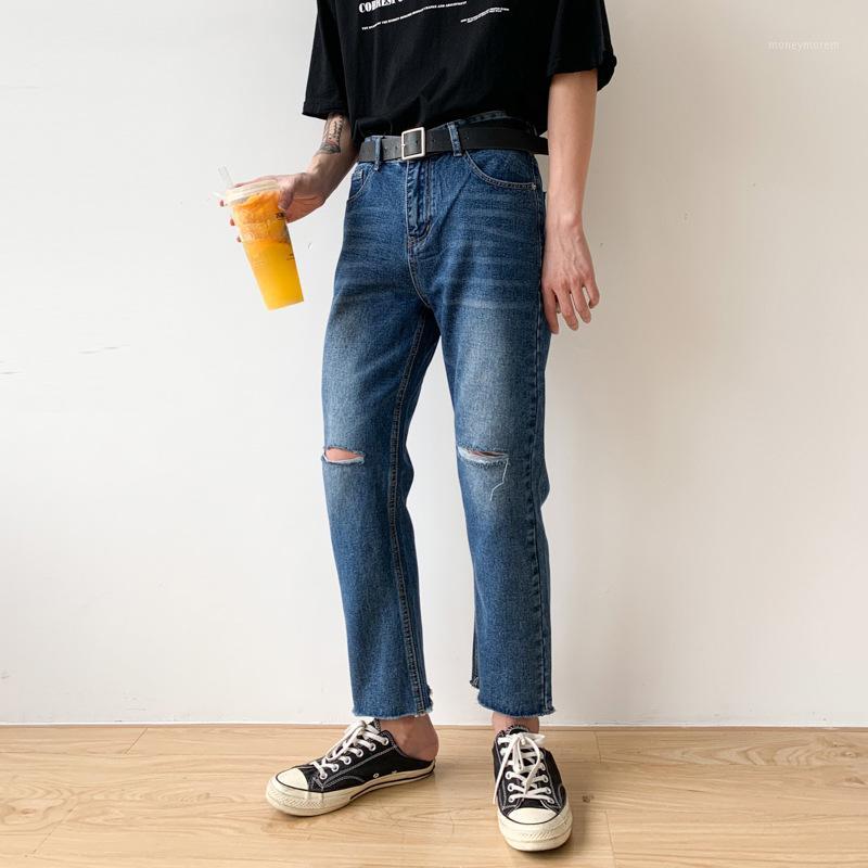 

Male Korean Style Vintage Hip Hop Jeans Men' Knee Hole Fashion Straight Ankle-length Casual Denim Pants Jeans1, 964