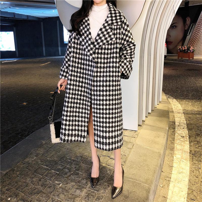 

Korean Fashion Women Winter Long Wool Coats New Long Sleeve Elegant Houndstooth Loose Twee Jackets Loose Trench Outwears, As picture