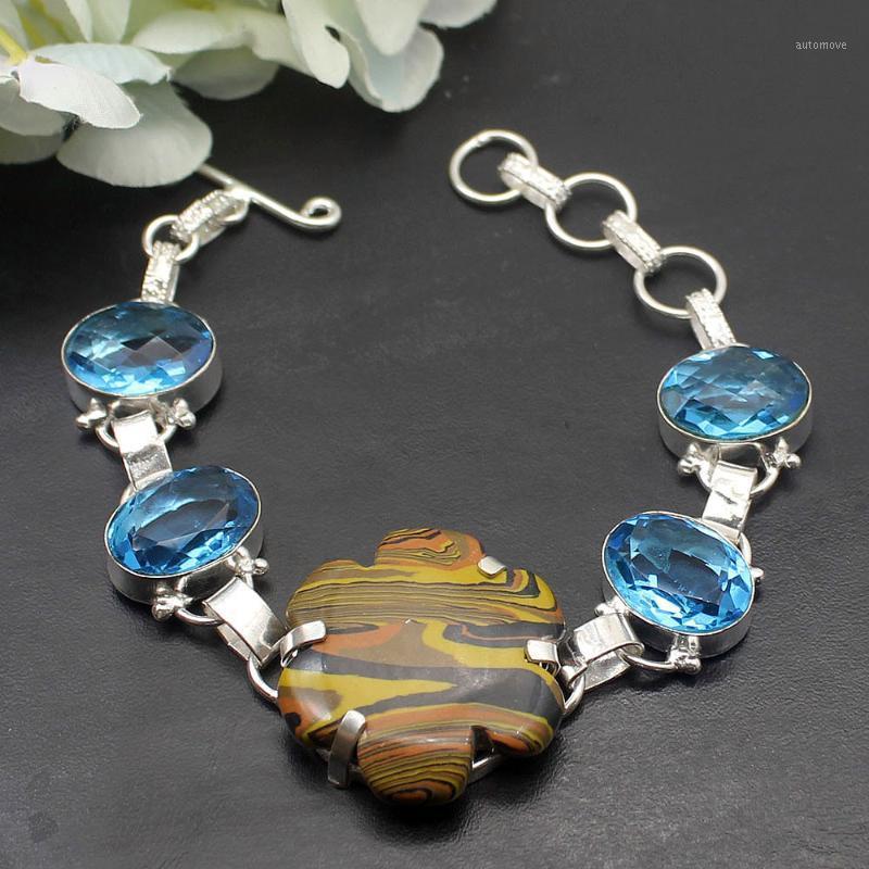 

Gorgeous StripeJasper Blue Topaz925 Sterling Silver Color Women Links Chain Bracelet 7.75 Inch H531