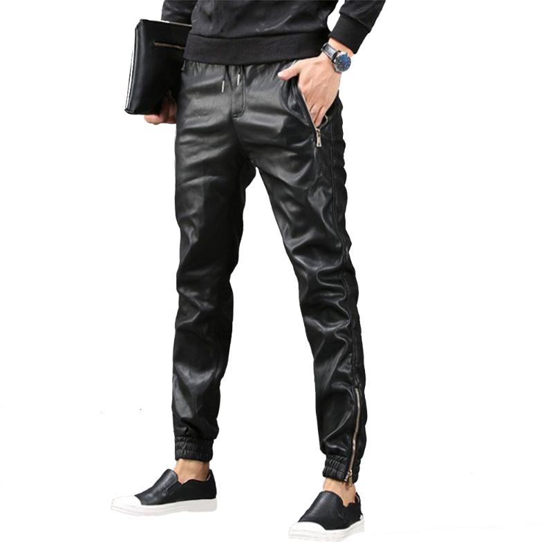 

TSINGYI Fashion Moto Elastic Waist Faux Leather Pants Men Joggers Zipper Pockets Black Streetwear Slim Pencil Pant Men Clothing, Thread