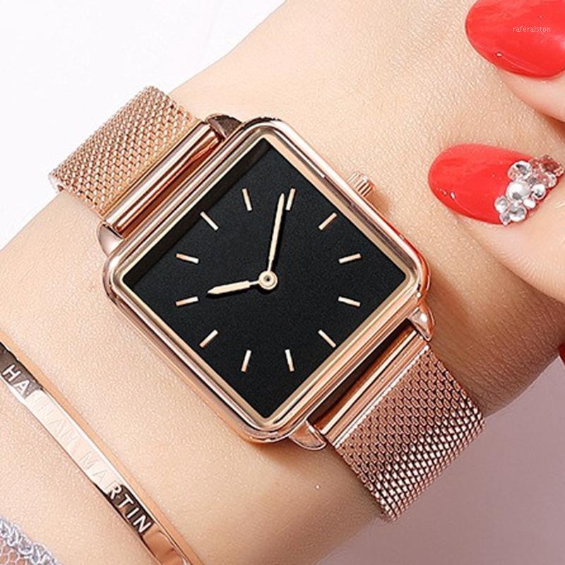 

2020 Fashion Square Watches Women Rose Gold Watches Mesh Band Quartz Wristwatch No Brand Wach Zegarek Damski1, Silver