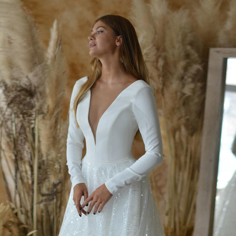 

2021 New Deep Neckline Long Sleeves, Dressed As a Brand-new Mari e Robe, Wedding Dress Soft Satin JXN1, Same as pictures