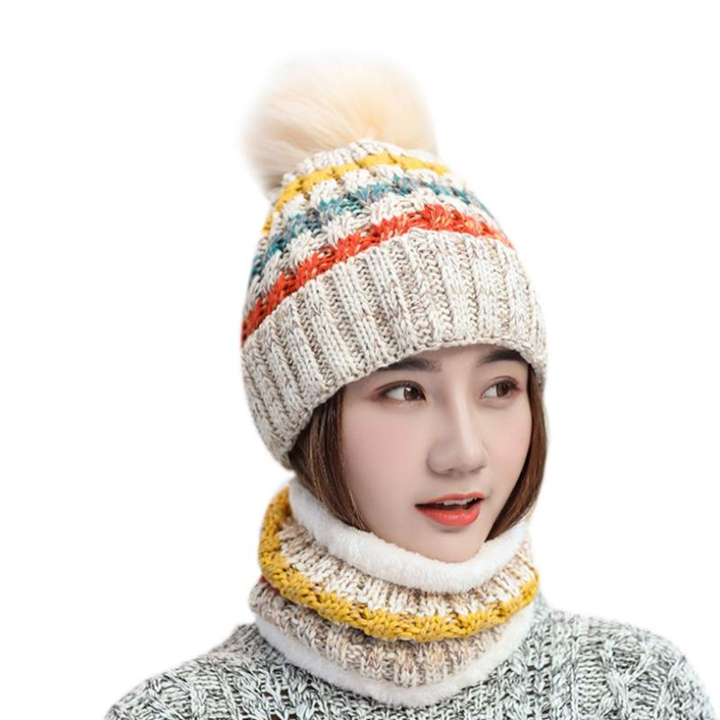 

Women Winter 2Pcs Striped Knit Pompom Beanie Hat Plush Lined Scarf Set M5TE