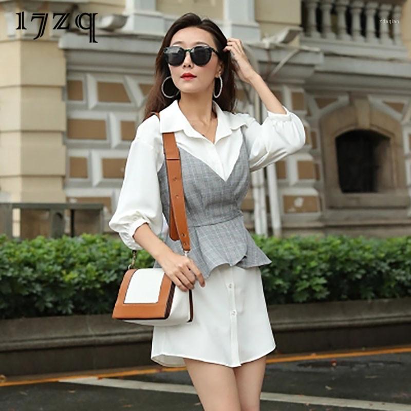 

17zq The New 2020 Autumn England Style Girl Plaid Sling Lantern Sleeve Dress Sweet Slim Fit Two-Piece White Shirt Suit D8522#1