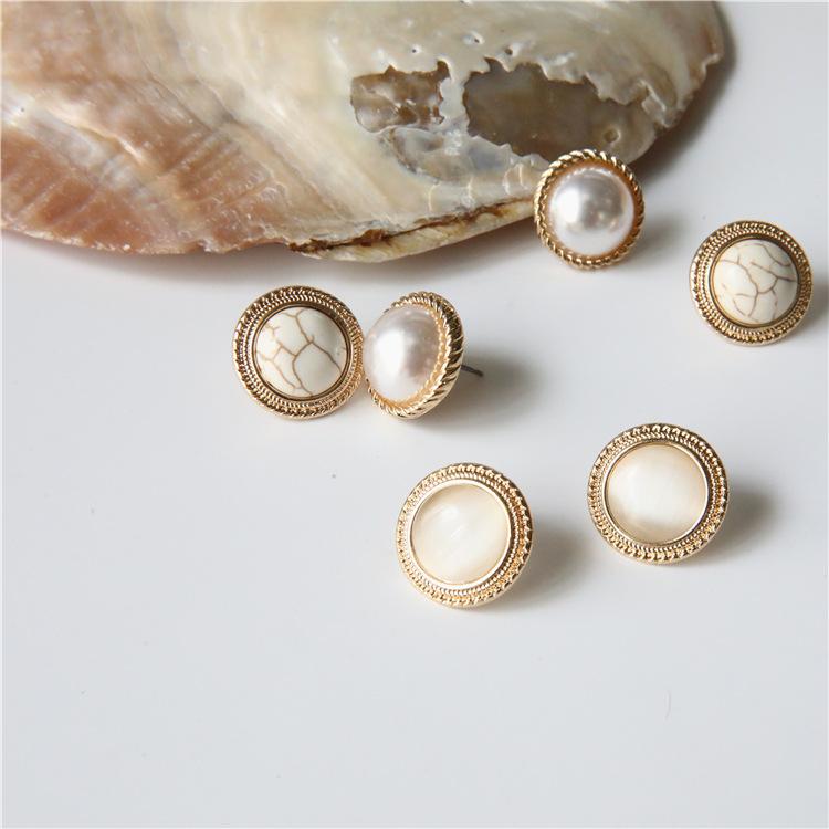 

MENGJIQIAO 2020 Japan New Vintage Round Marble Opal Stone Big Stud Earrings For Women Fashion Temperament Simulated Pearl Brinco