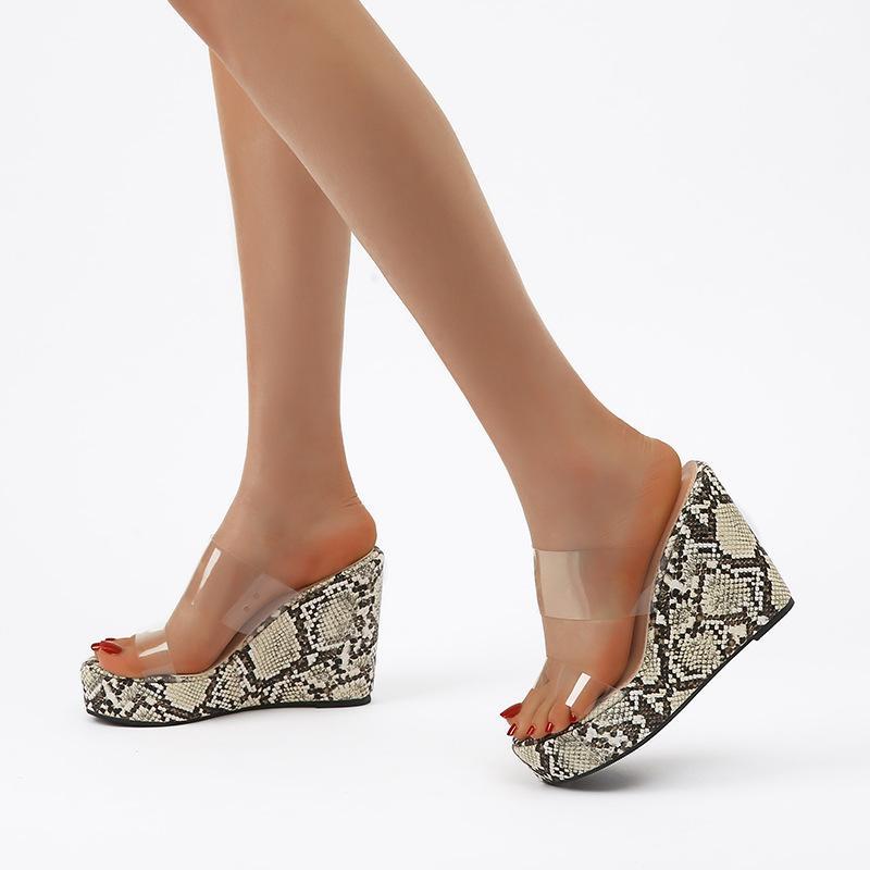 

2020 Women's shoes slope heel new style slope heel snake-print transparent adhesive sandal material for women1, Black