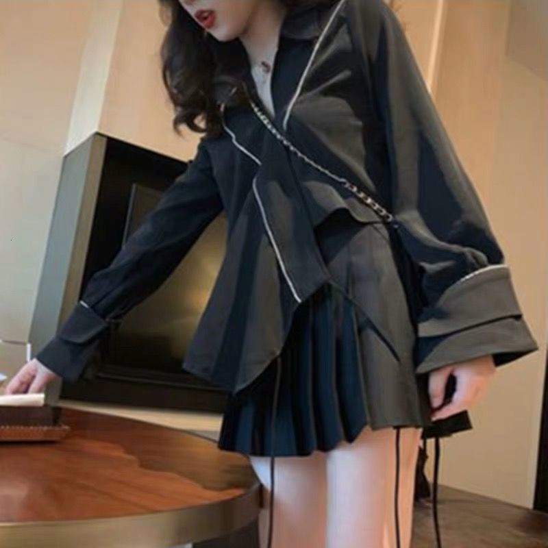 

2021 New Two Piece Elegant Irregular Designer Coat+ High Waist A-line Skirt Office Lady Streewear Party Korean Women Csyx, Black