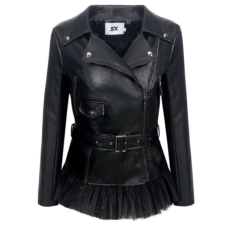 

Women Lapel Zipper Leather Jacket Hem Stitching Mesh Slim PU Fashion Leather Jacket Women, Black