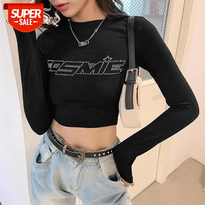 

ArtSu Autumn Cotton Rhinestone Letter Graphic Tshirt Woman Street Bodycon Black Crop Tops Female Long Sleeve Tees Basic TS52387 #zu31, White