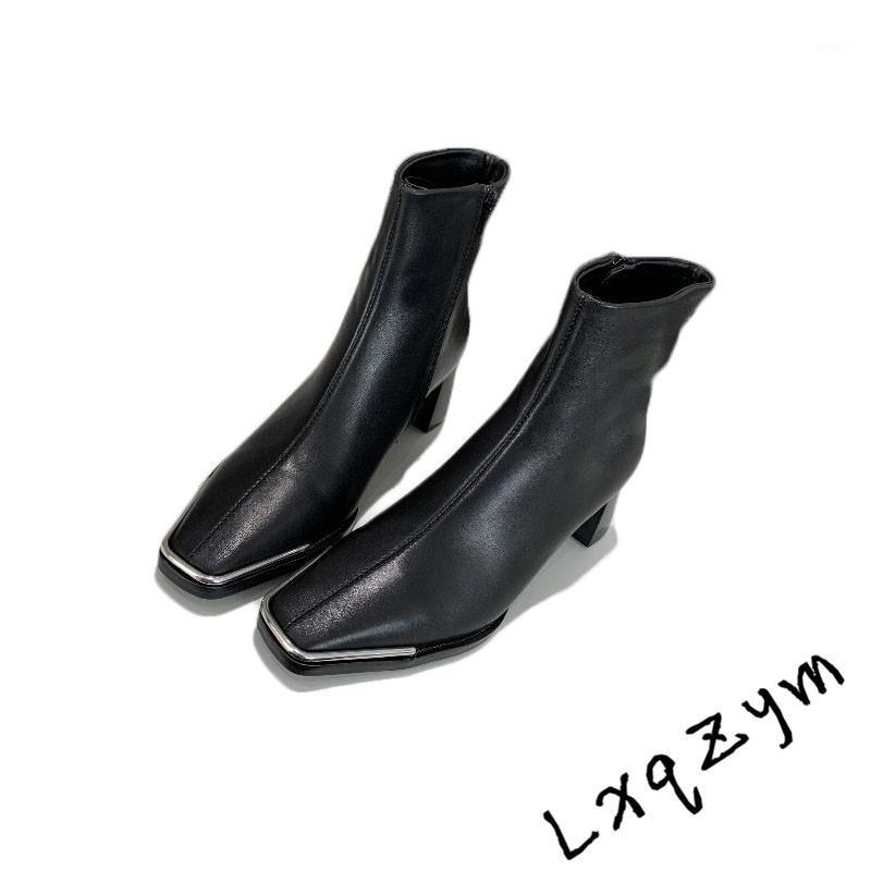 

Handmade Genuine Leather Short Shoes Metal Decor Square Toe Concise Design Ankle Boots Office Lady Dress 6 CM Small Size1, As show