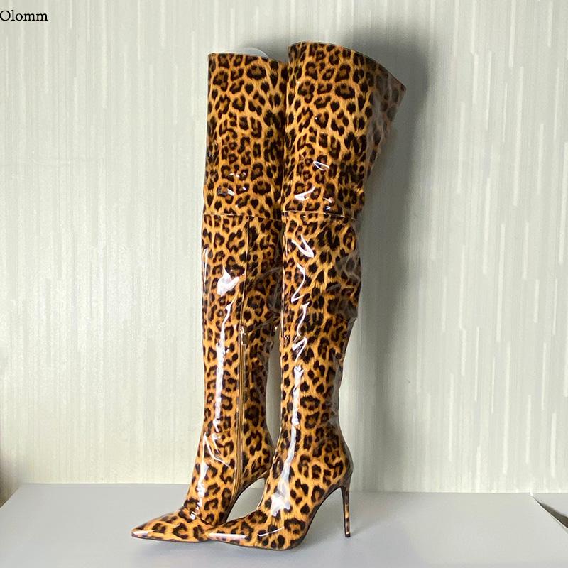 

Olomm 2020 Women Thigh High Shiny Boots Sexy Stiletto Heels Boots Pointed Toe Super Sexy Leopard Club Shoes Women US Size 5-15, D2724 leopard