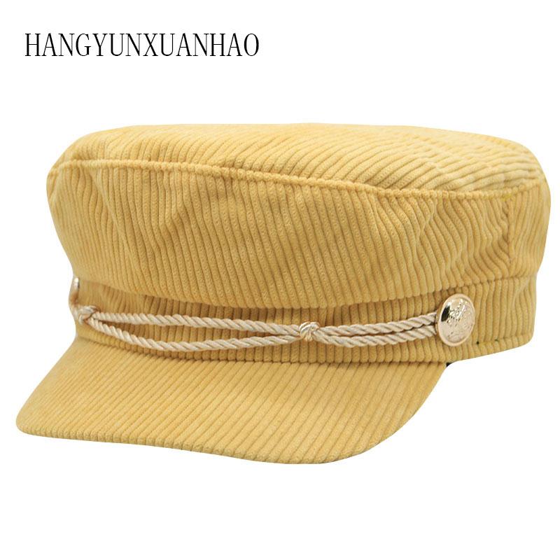 

Berets Corduroy Hat Women Autumn Winter Cap Female Black Casquette Bone Lady Militaire Gorra Button Flat Top, Khaki