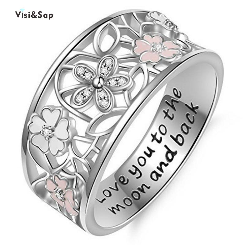 

Visisap Romantic Blossoming Flowers Hollow Rings for Women Gifts Engrave Love You To The Moon Back Ring Wholesale Factory B2424