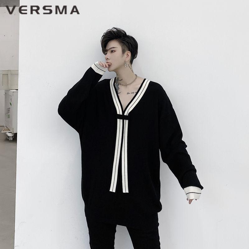 

VERSMA Japanese Harajuku Vintage White Men Women Sweater Pullover Retro Knitted V Neck BF Sweater Men Manteau Homme Dropshipping, Black