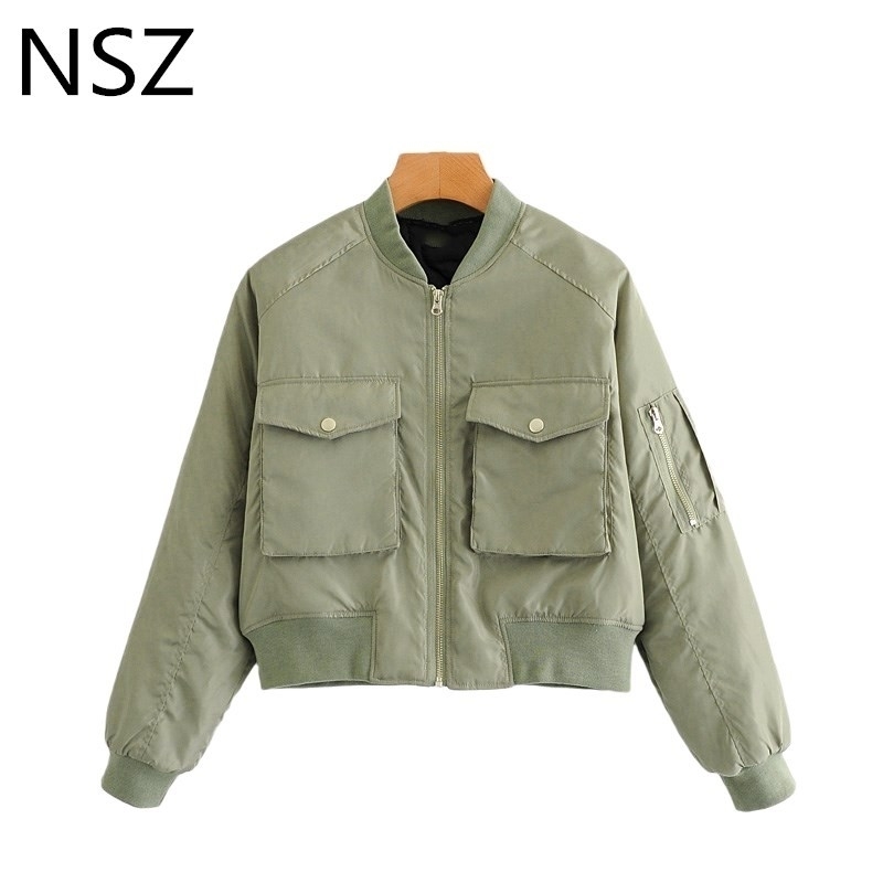 

NSZ Women Oversized Military Green Bomber Jacket Moto Biker Pilot Long Sleeve Female Cropped Coat Outerwear Chaquetas Mujer 201123, As picture