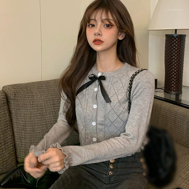 

Knitted Cardigan Blouse Tops Women Knitwear Solid O-Neck Casual Long Sleeve Fall Outfits with Bow Sweet Clothes1, White