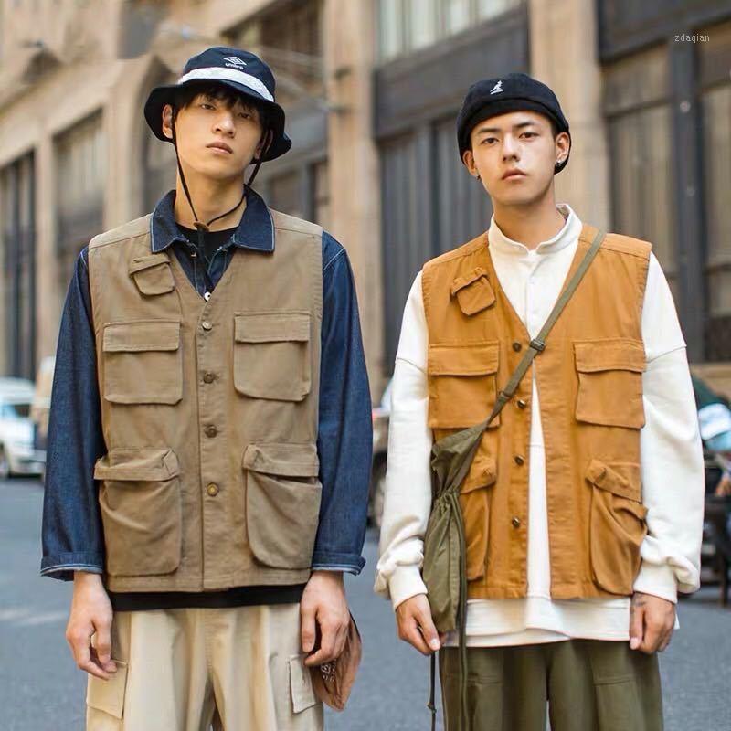 

BANNAJI Men`s Cargo Vest Japanese Style Waistcoat Multi Pockets Fashion Vintage Loose Fit Sleeveless Jacket and Coat For Male1, Army green
