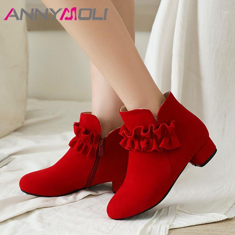 

ANNYMOLI Med Heel Ankle Boots Block Heel Woman Boots Zip Round Toe Short Pleated Ladies Shoes Autumn Winter Red Size 33-431, Black synthetic lin