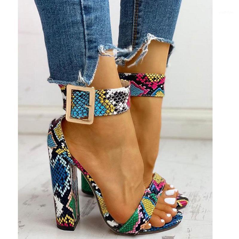 

Big Size 41 Multicolor Snake Pu Leather Women Ankle Strap Sandals Open Toe Thick High Heels Buckle Women Shoes Ladies Sandals1, Snake print