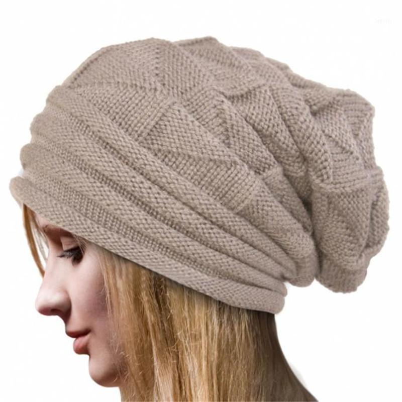 

women's cap winter hats for Unisex Baggy Warm Geometric Crochet Wool Knitted Stylish Ski Beanie Skull Slouchy hats for women1, Beige