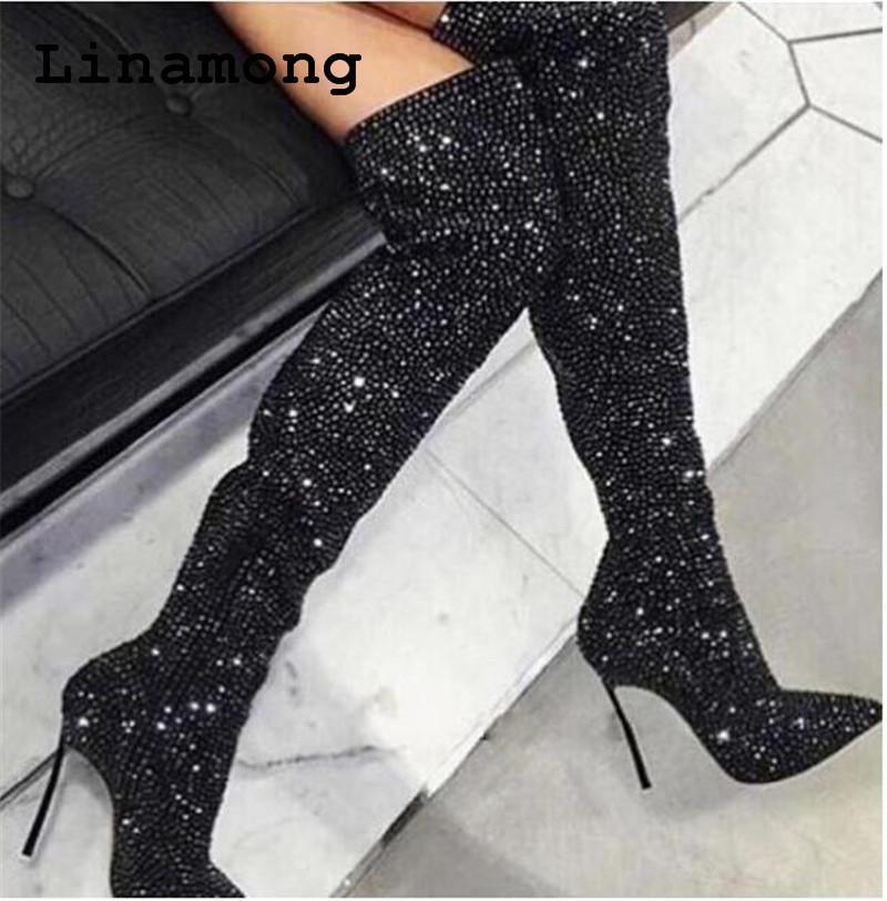 

2020 Women Sexy Pointed Toe Black bling bling length to Knee Strange design Heel Slim Long High Heel Boots1, As pic