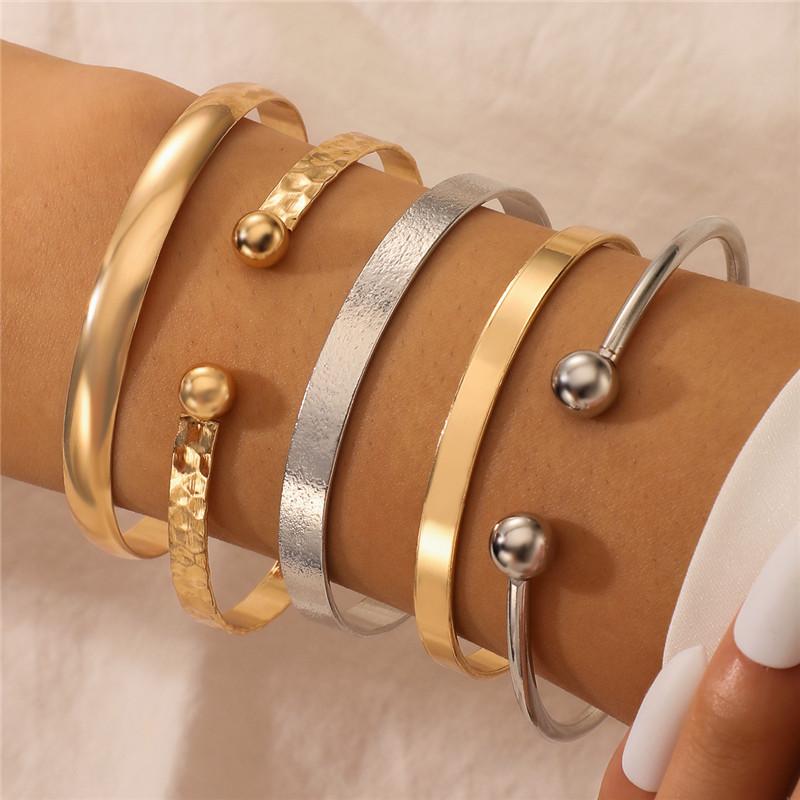 

HuaTang 5pcs/set Punk Multilayer Open Bangles for Women Men Vintage Smooth Gold Silver Color Cuff Adjustable Party Jewelry