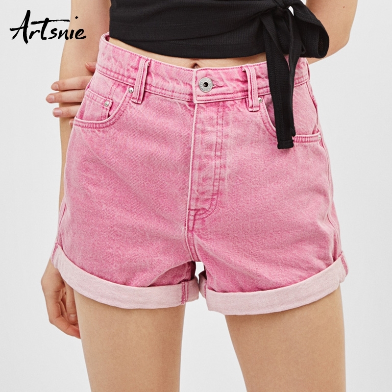 

Artsnie streetwear casual denim women shorts mujer summer high waist double pockets button jeans boyfriend shorts femme Y200822, Pink